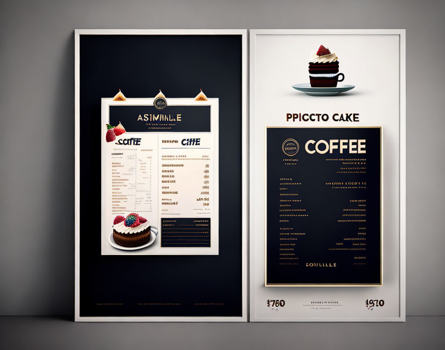 Framed posters: café menu & cake slice with "COFFEE