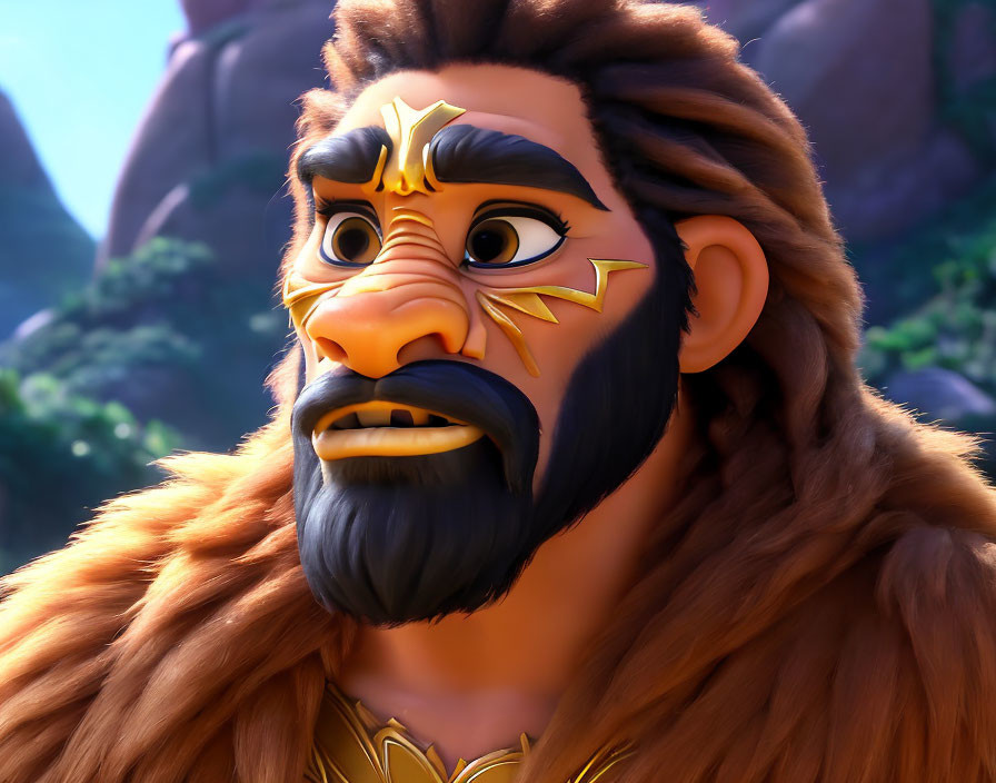 Animated character with lion-like features and golden markings, thick mane, serious expression