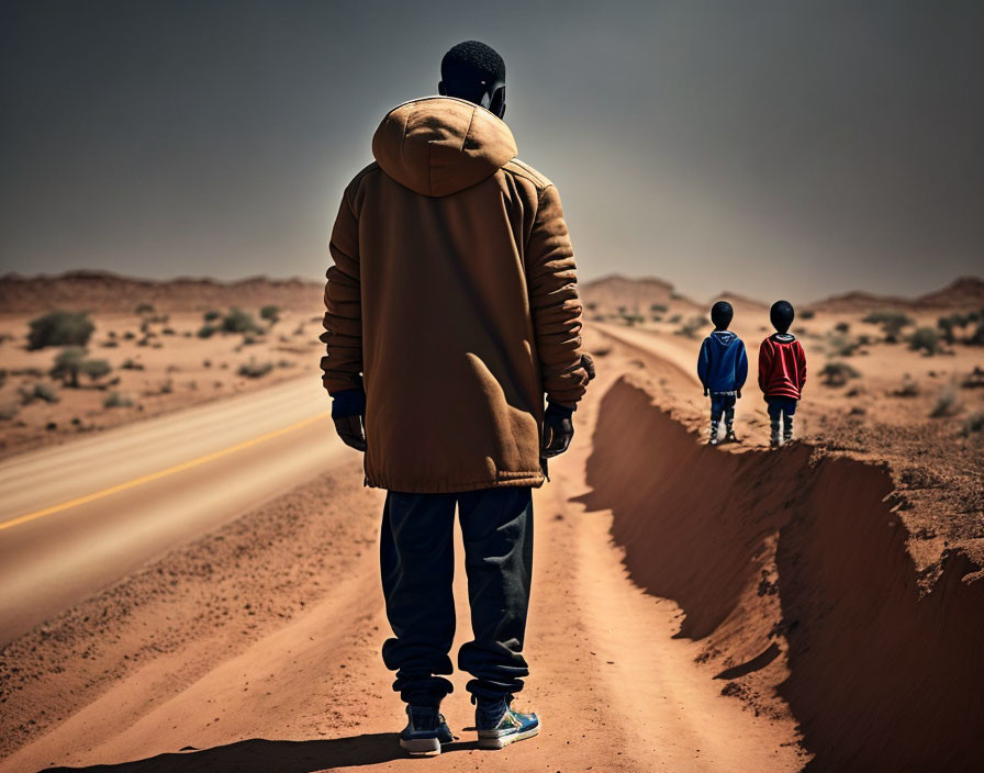 Adult and two children walking in desert landscape with cloudy sky