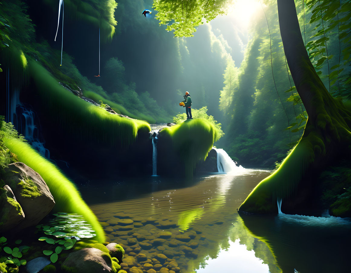 Person standing on mossy rock near waterfall in lush forest with diver and hanging vines