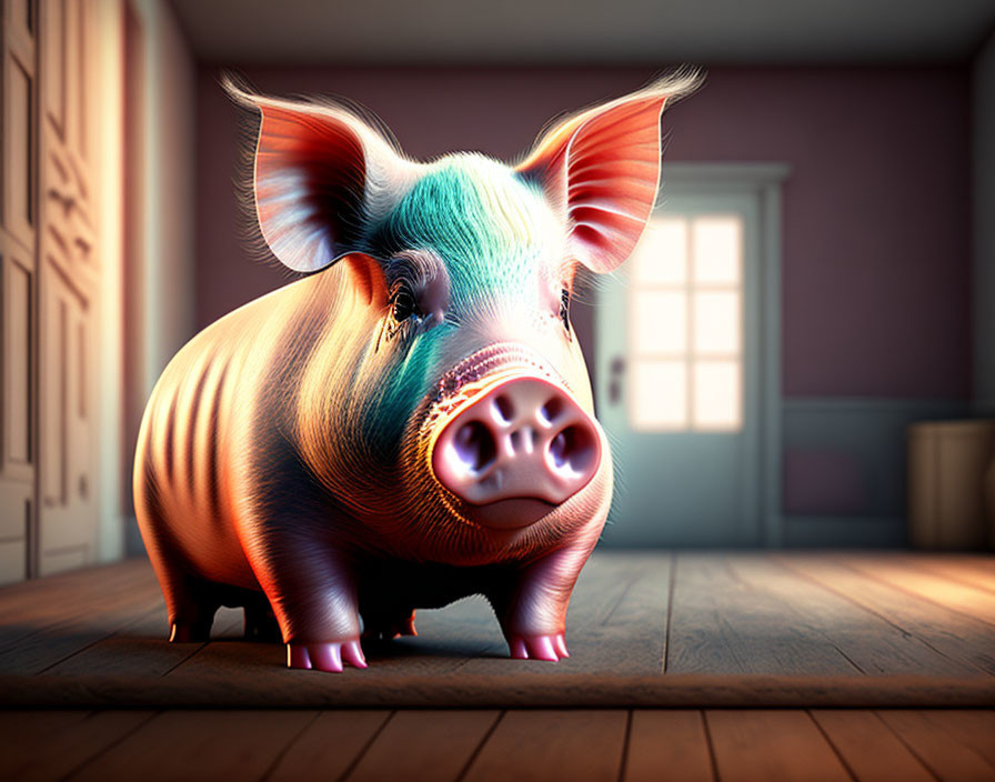 Colorful Stylized Pig with Tufts of Hair in Room with Wooden Floors and Ambient Lighting