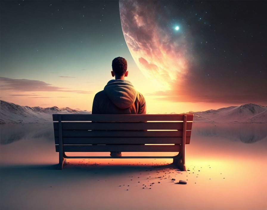 Person sitting on bench under surreal cosmic scene with moon, starry sky, snowy mountains.