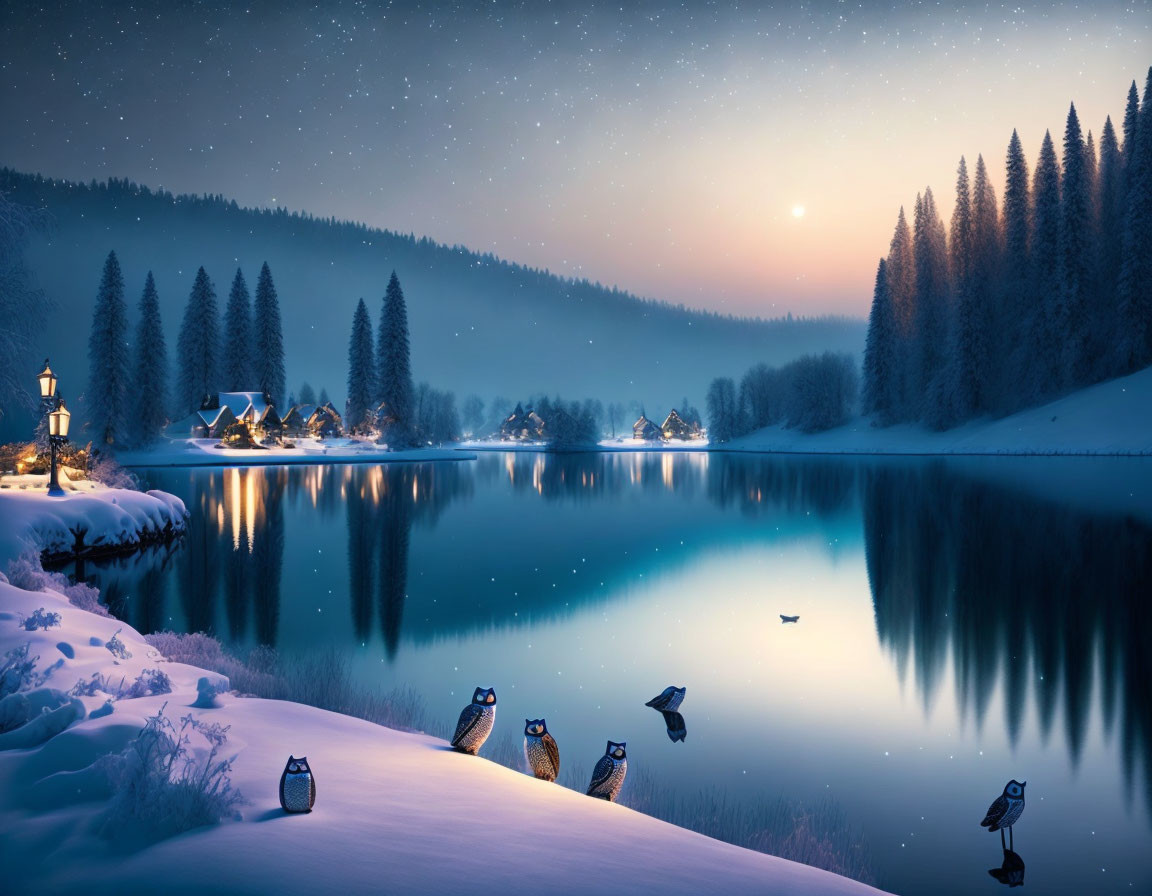 Twilight snow-covered landscape with birds, lanterns, and cozy cabins by a calm lake