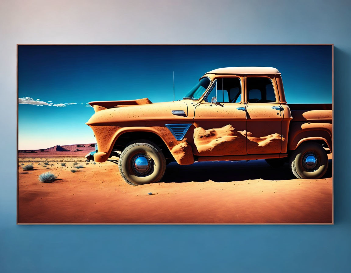 Vintage Pickup Truck Covered in Sand in Desert Landscape