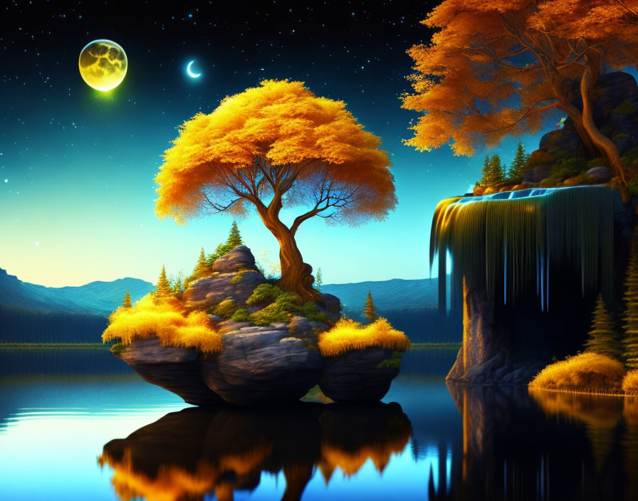 Night landscape with orange tree on rock island, waterfall, starry sky, full moon, crescent