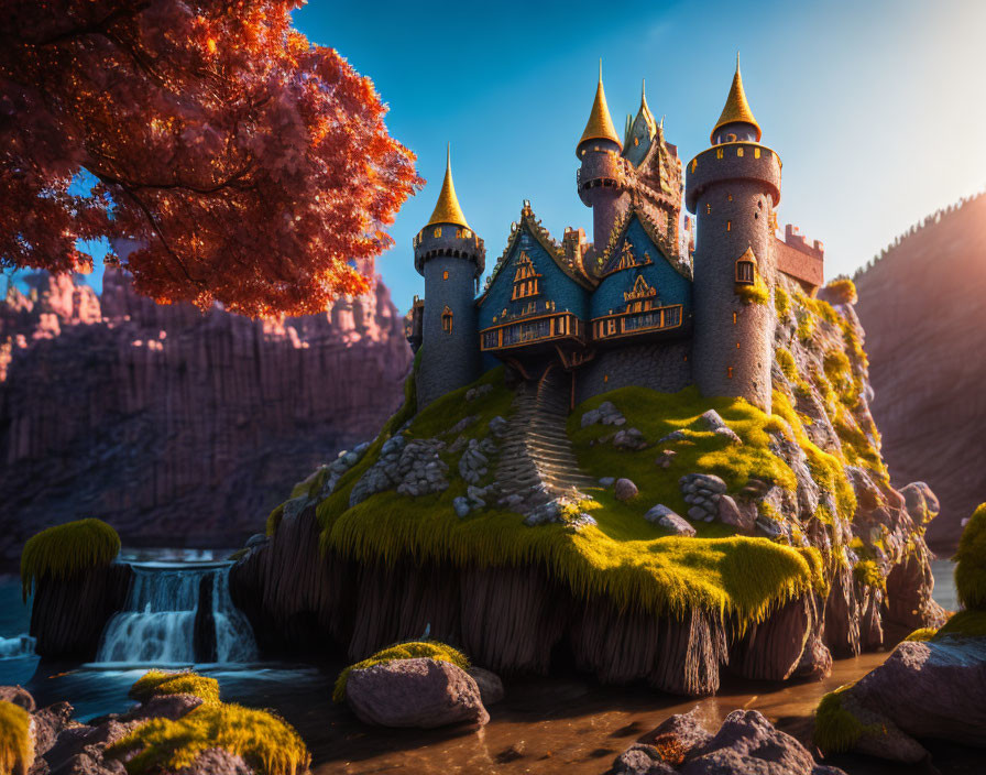 Fairytale castle on lush hill with waterfalls, river, sunset sky, autumn trees