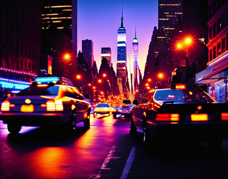 Twilight city street with blurred yellow cabs and illuminated skyscrapers