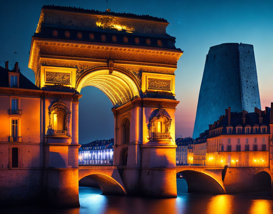 Twilight view of illuminated Arc de Triomphe and Seine River