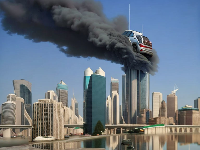 White car soaring off ramp in cityscape with smoke trail: Digital art.