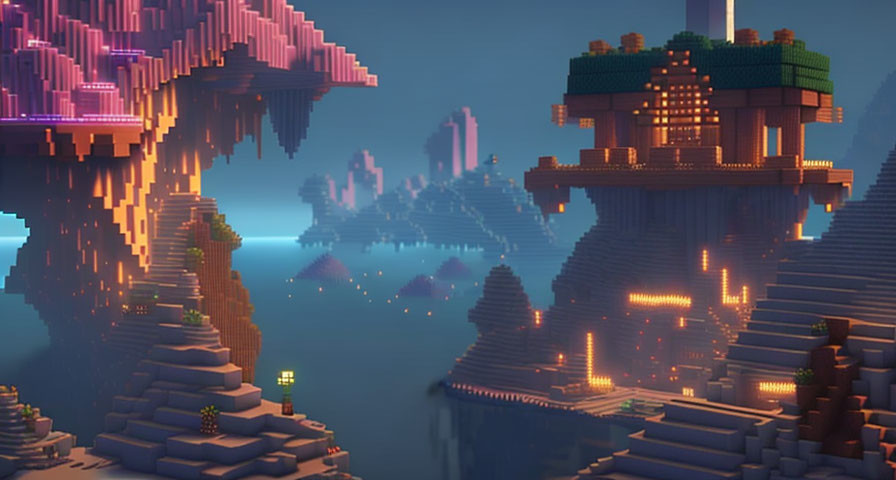 Fantastical voxel-based landscape with floating islands