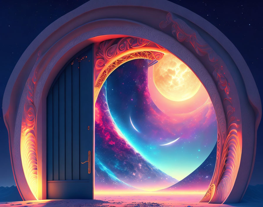 Colorful digital artwork: Ornate door, cosmic scene, galaxies, moon, and stars.