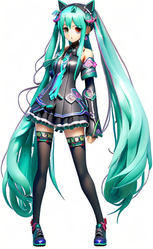 Illustration of female anime character with turquoise hair in futuristic outfit