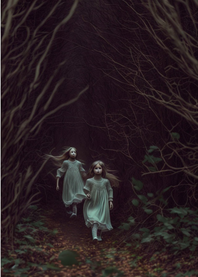 Two girls in white dresses walking in dark, eerie forest