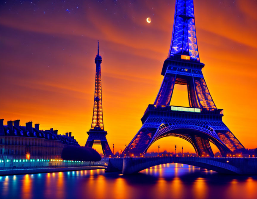 Paris Twilight: Vibrant Orange Sky, Illuminated Eiffel Tower, Crescent Moon