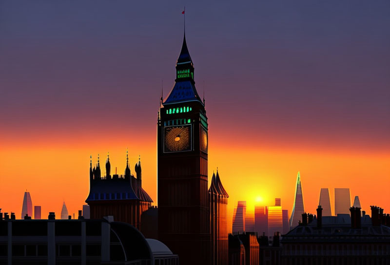 London skyline silhouette at sunset with Big Ben and orange sky