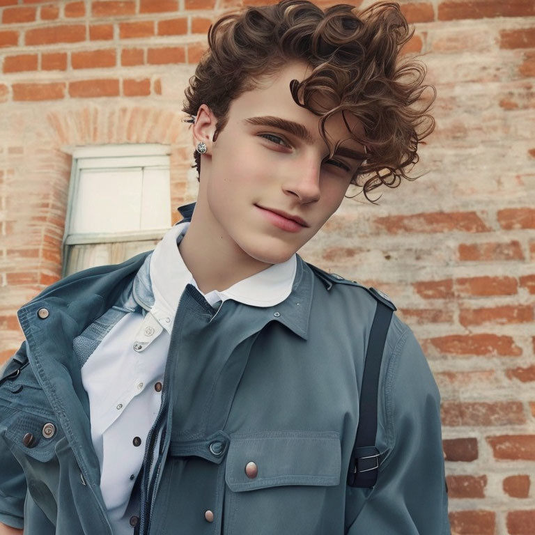 Curly-haired youth in white shirt and grey jacket against brick wall