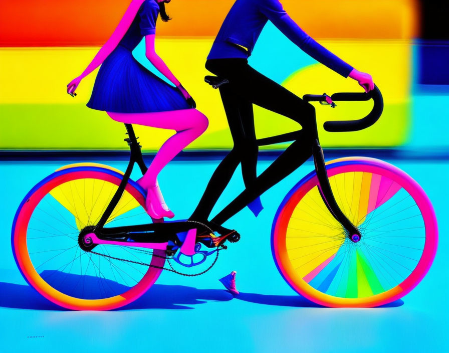 Silhouetted figures on colorful stylized bicycle in vibrant background