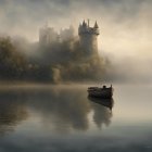 Majestic castle on cliff reflected in calm water at sunrise