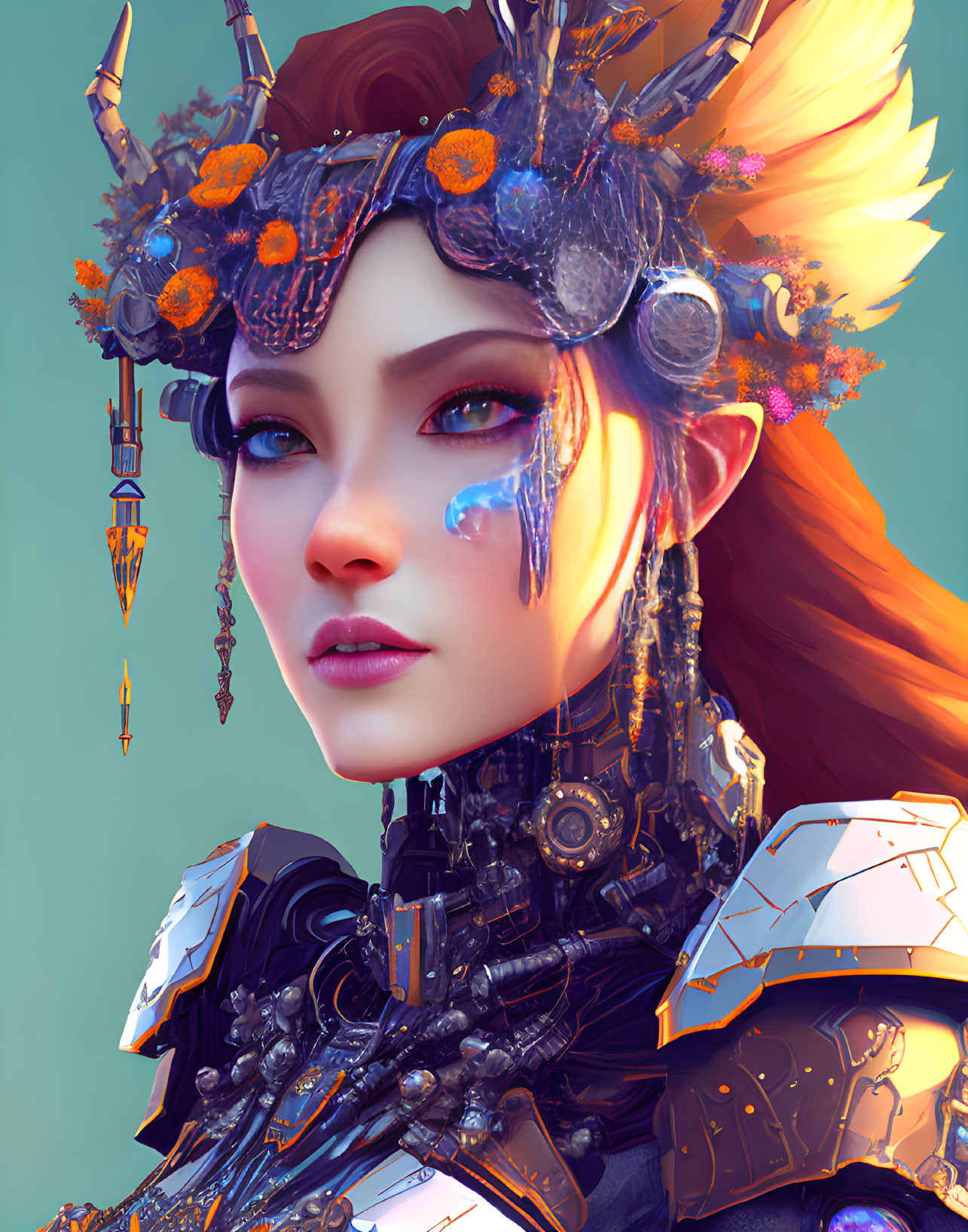 Red-haired woman in futuristic armor with floral ornaments.