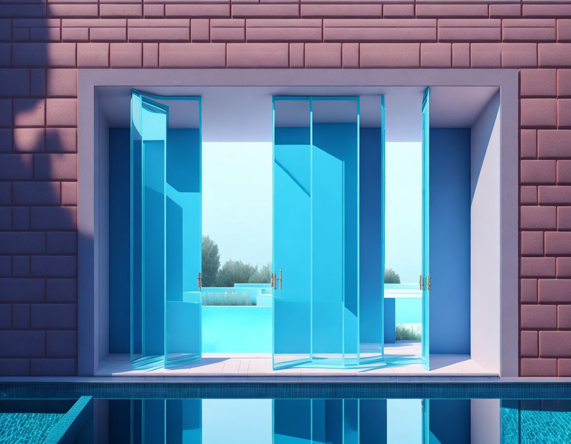 Glass door entrance to tranquil pool with clear blue water, bright sky & brick walls