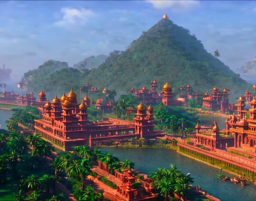 Fantastical animated cityscape with traditional buildings, golden domes, water, and greenery.