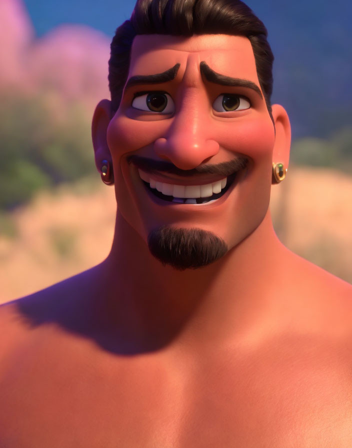 Smiling male animated character with thick mustache & gold earrings