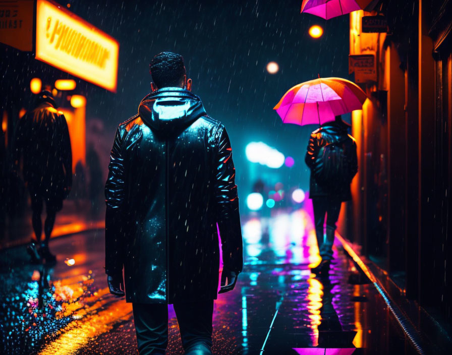 Night scene: person in black jacket walks on rain-soaked street with colorful reflections, others carry umb