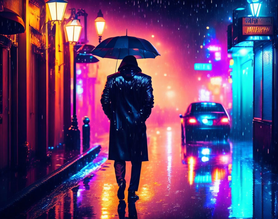 Pedestrian in black coat with umbrella on neon-lit city street at night