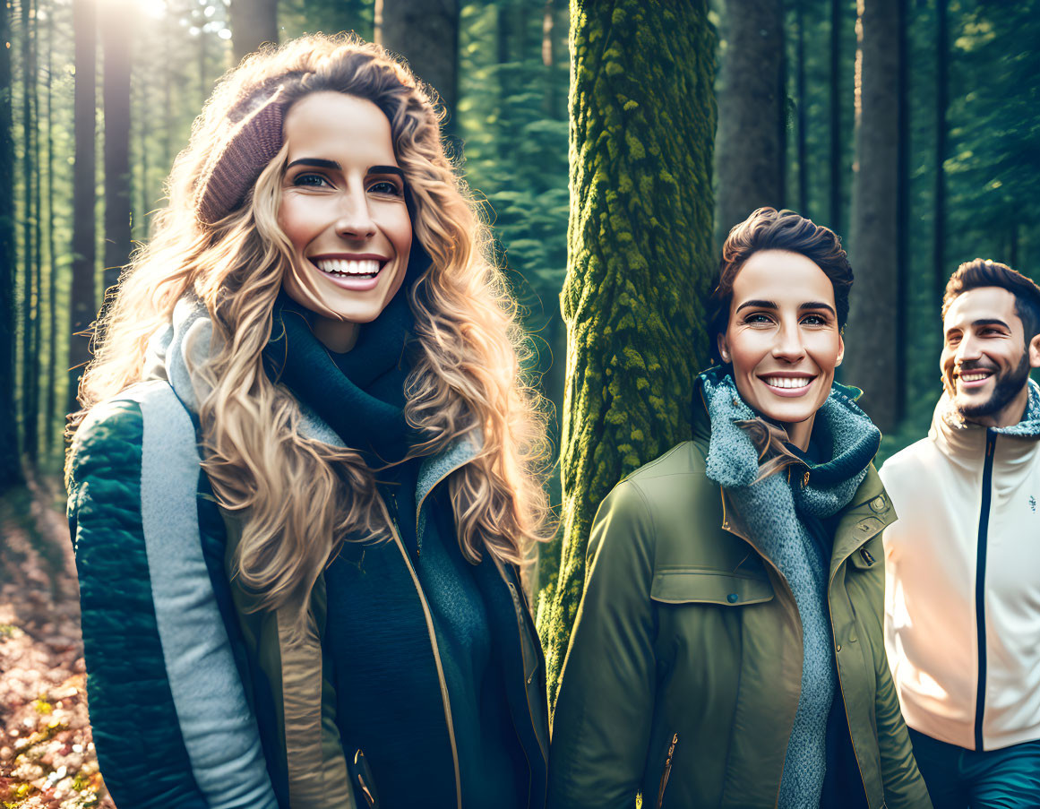 Group of friends in forest: Two women smiling, man in background