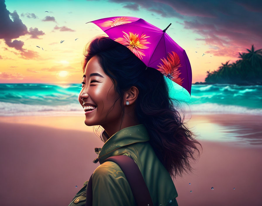 Smiling woman with floral umbrella on beach at sunset