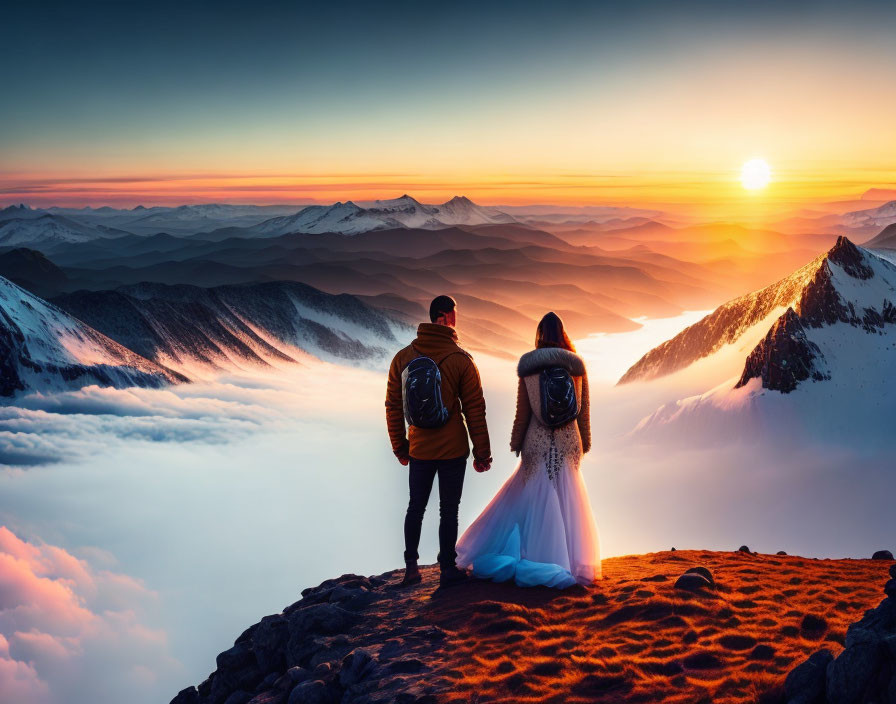 Couple admiring snowy mountain landscape at sunrise