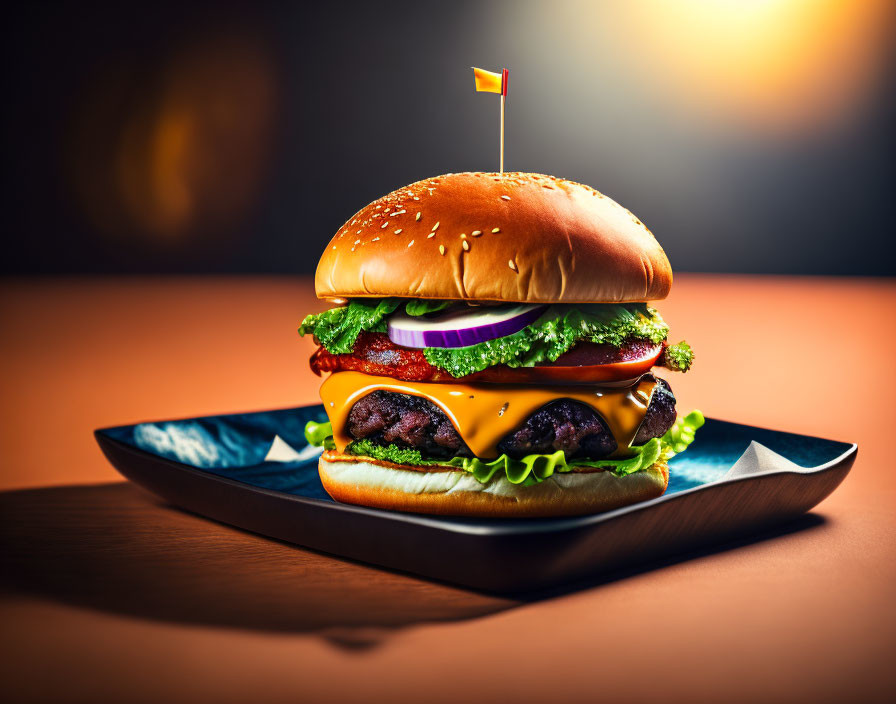 Double beef patty cheeseburger with lettuce, tomato, onions on sesame bun, on geometric plate in