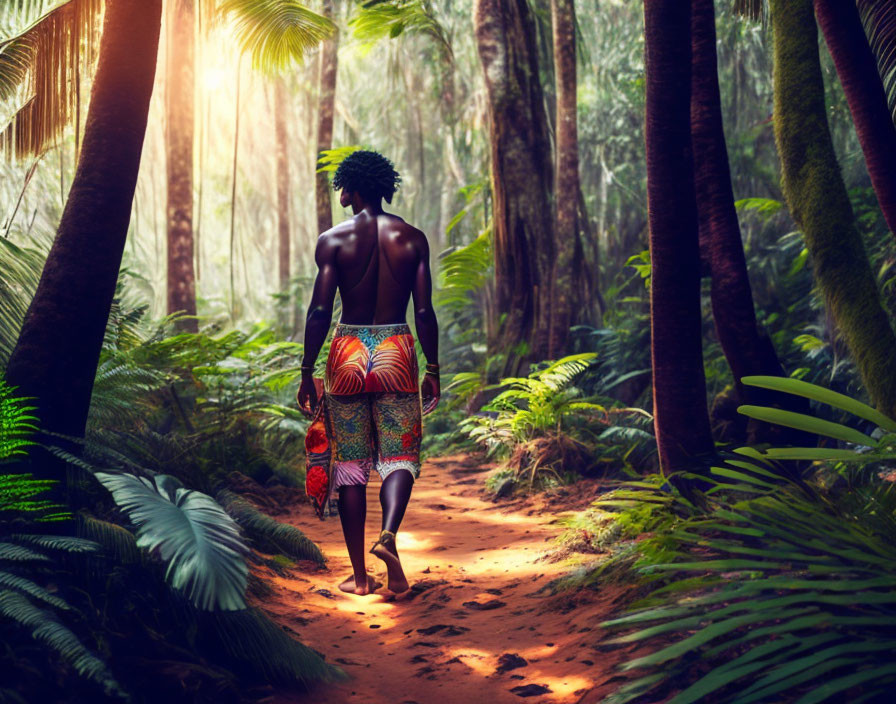 Person walking on forest path with sunlight and lush greenery