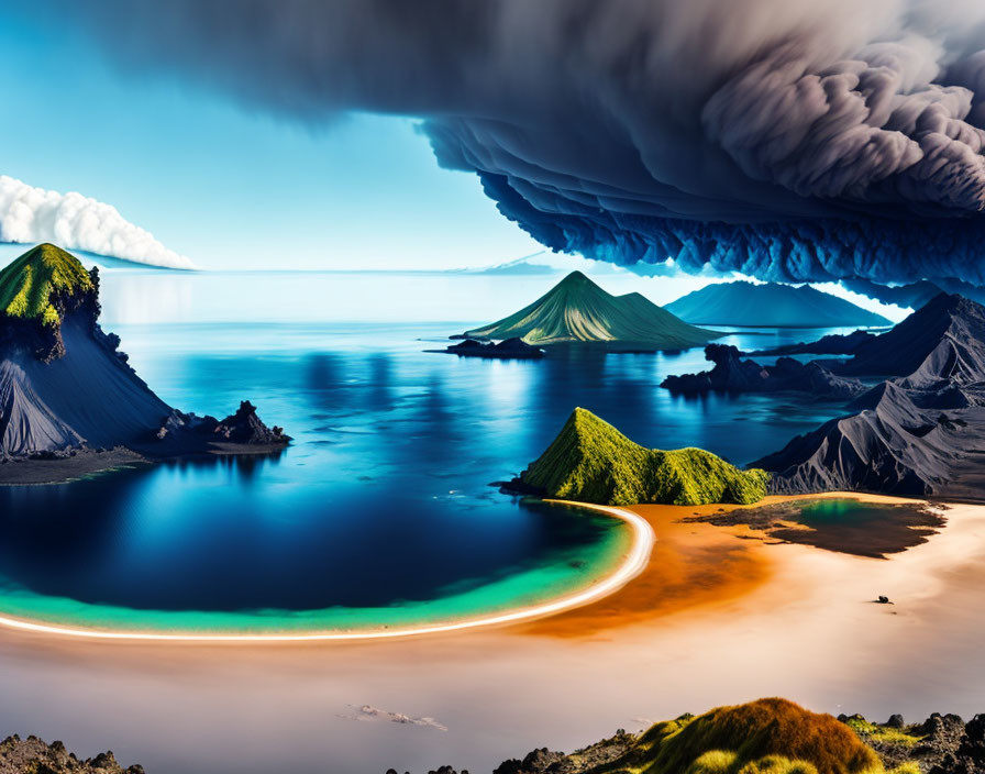 Mirrored volcanic islands in surreal landscape