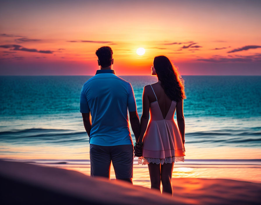 Couple holding hands watching vibrant sunset over ocean