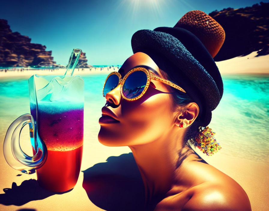 Fashionable woman in sunglasses and hat with cocktail on sunny beach.