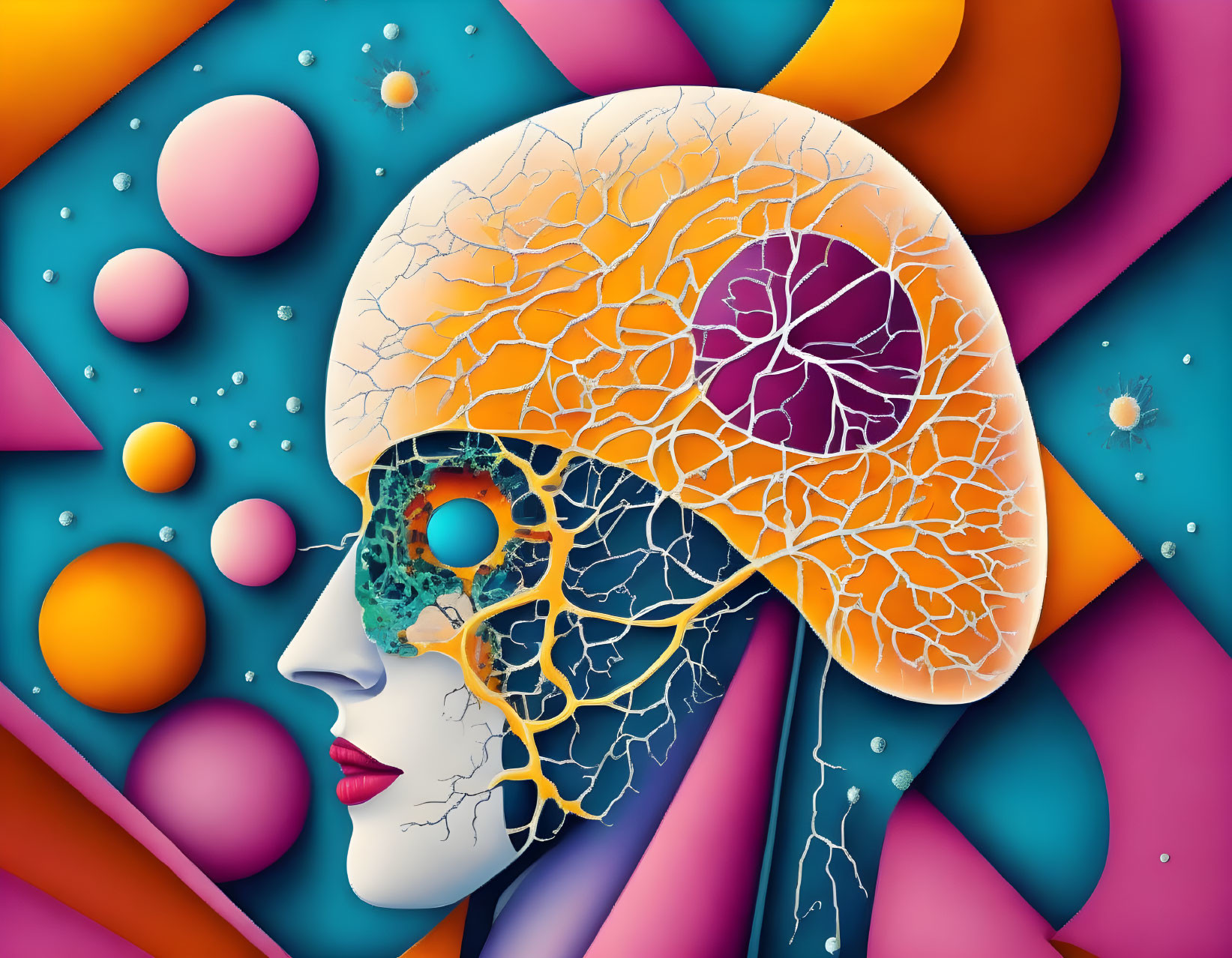 Surreal digital artwork: female profile with exposed brain, colorful shapes, floating orbs