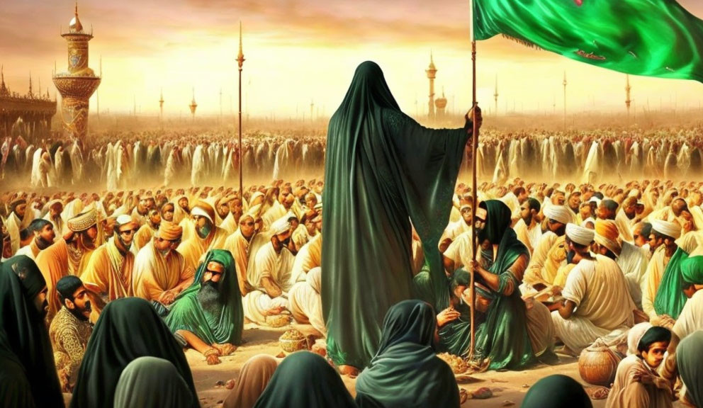 Historic Islamic-themed painting with cloaked figure addressing crowd.