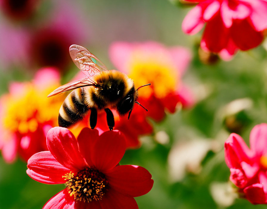 Transparent-winged bee on vibrant red flower with colorful blurred background