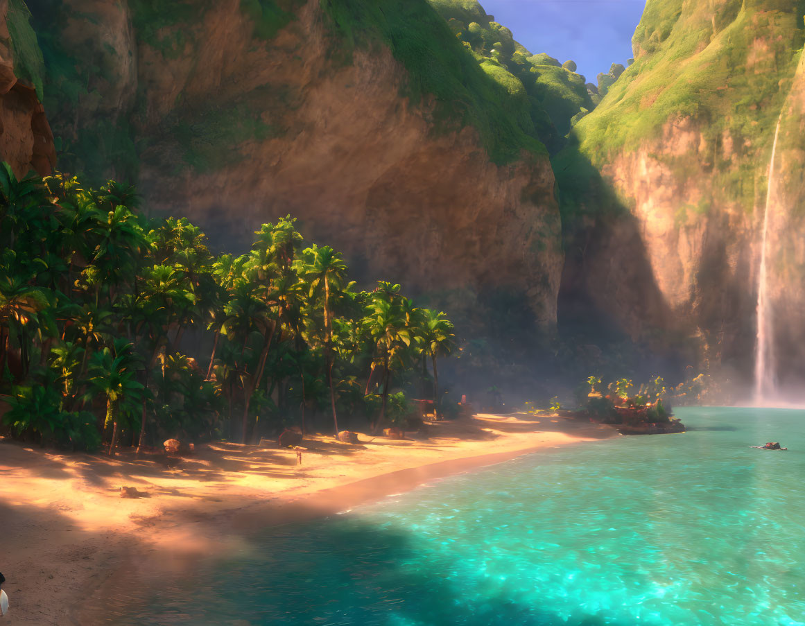 Tropical beach with palm trees, waterfall, turquoise waters