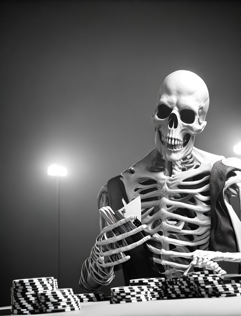 Monochromatic skeleton contemplating playing cards at table