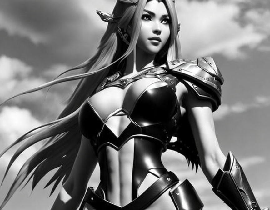 Female warrior in detailed fantasy armor under cloudy sky