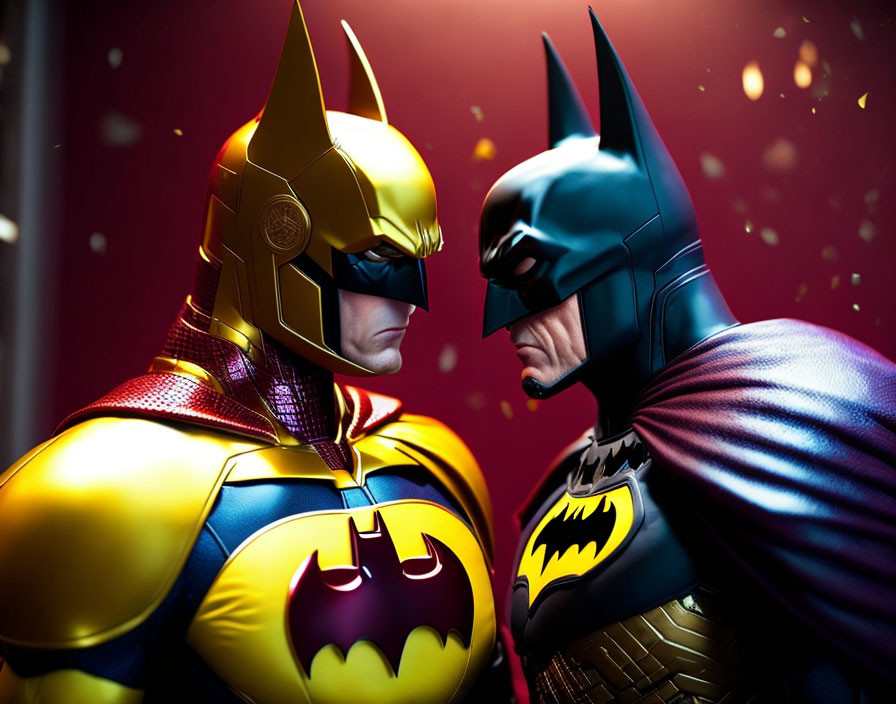 Batman Figures in Different Costumes Face Off on Red Background