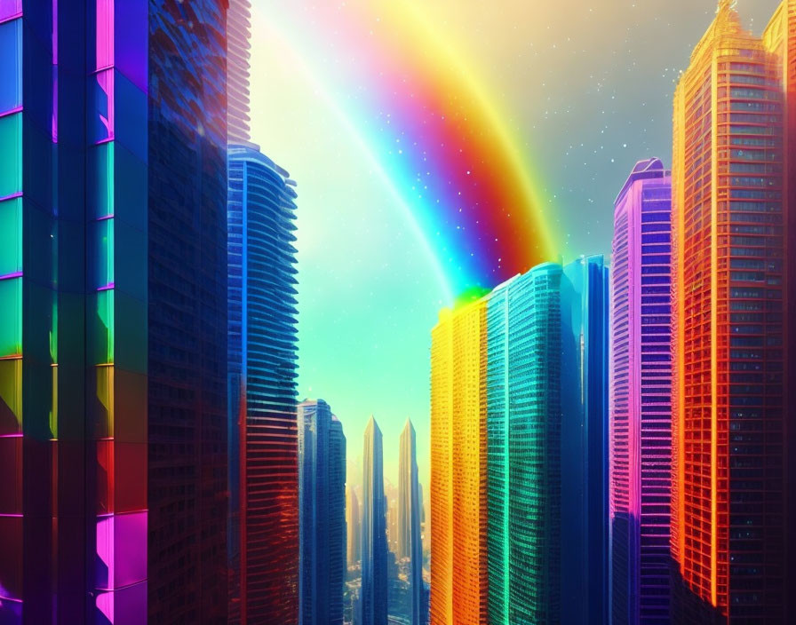 Colorful neon-lit skyscrapers in futuristic cityscape