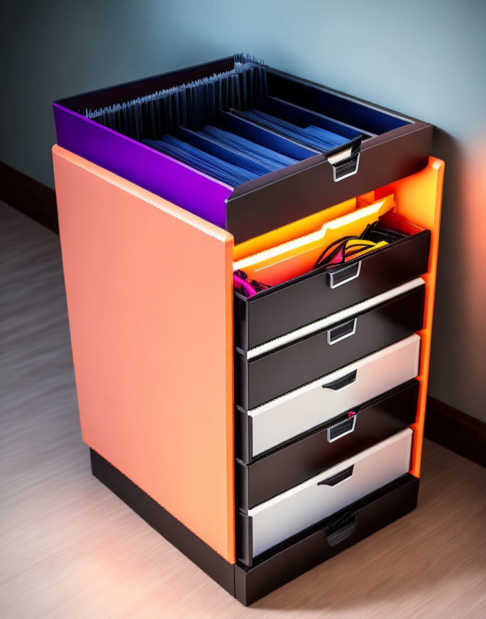 Multicolored glowing filing cabinet with folders and cables on wooden floor