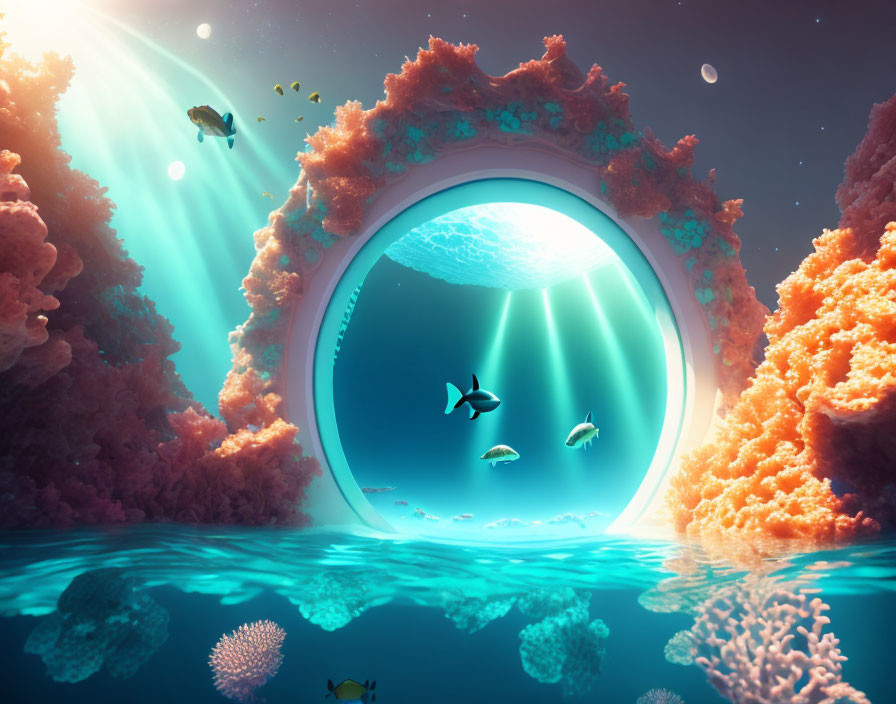 Luminous circular portal in surreal underwater scene