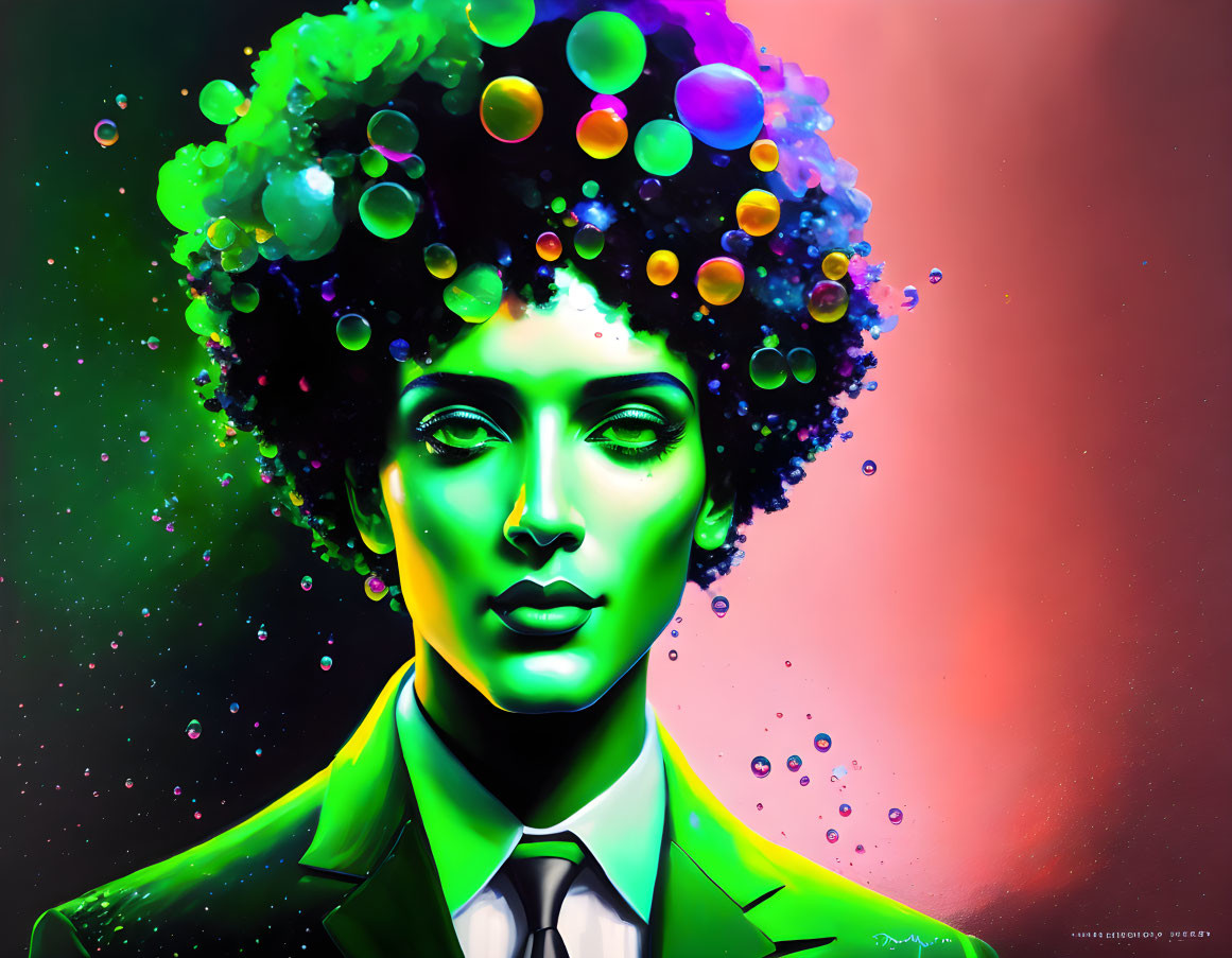 Colorful digital portrait: person with green skin and afro of floating bubbles on red and green neb