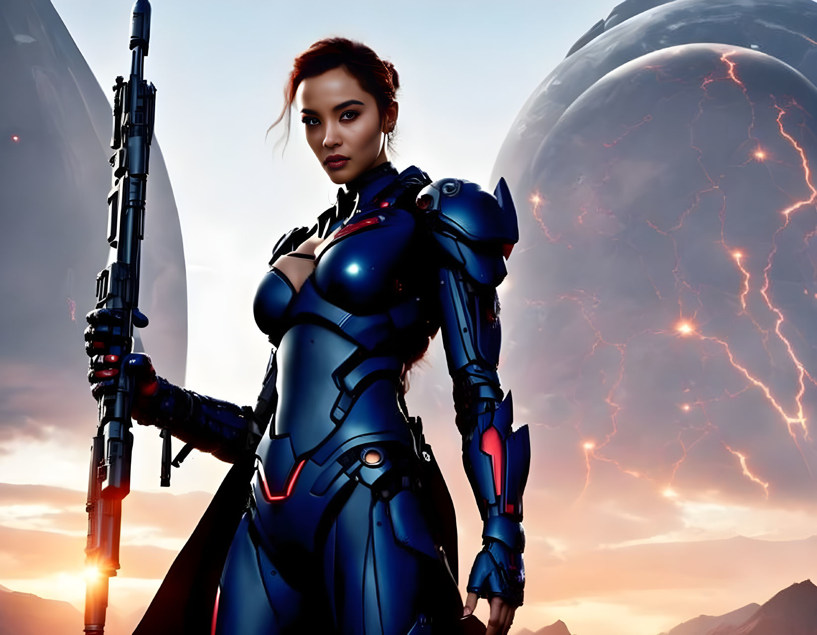 Female character in futuristic armor with rifle under dramatic sky and lightning-strike planets