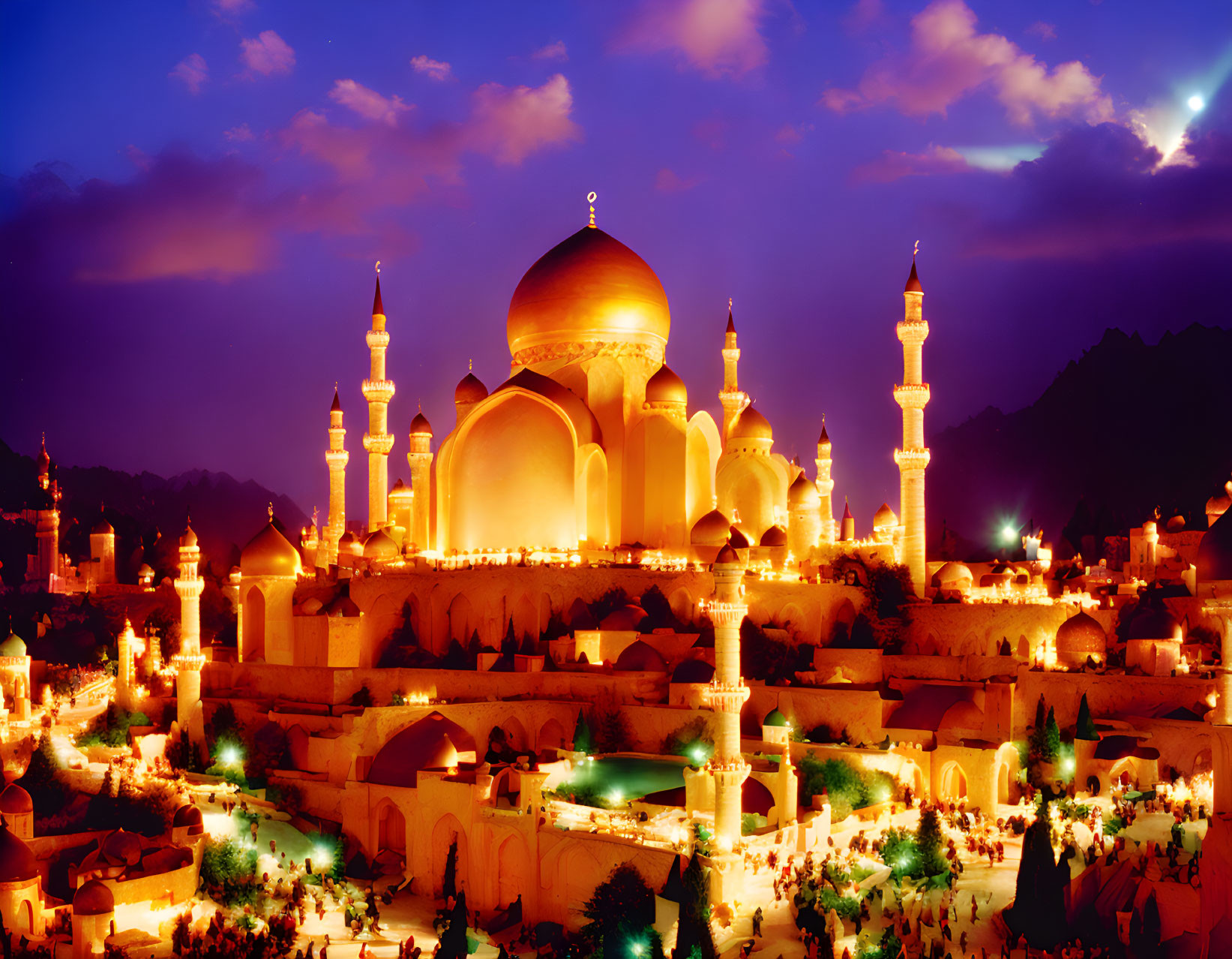 Golden domed mosque with minarets at twilight with crowds.