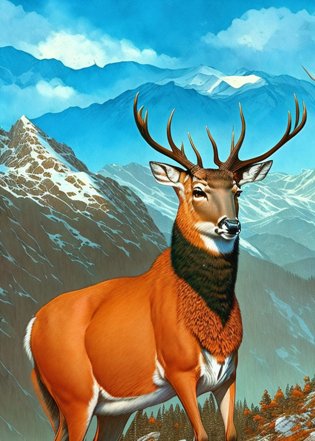 Majestic stag in serene snowy mountain landscape